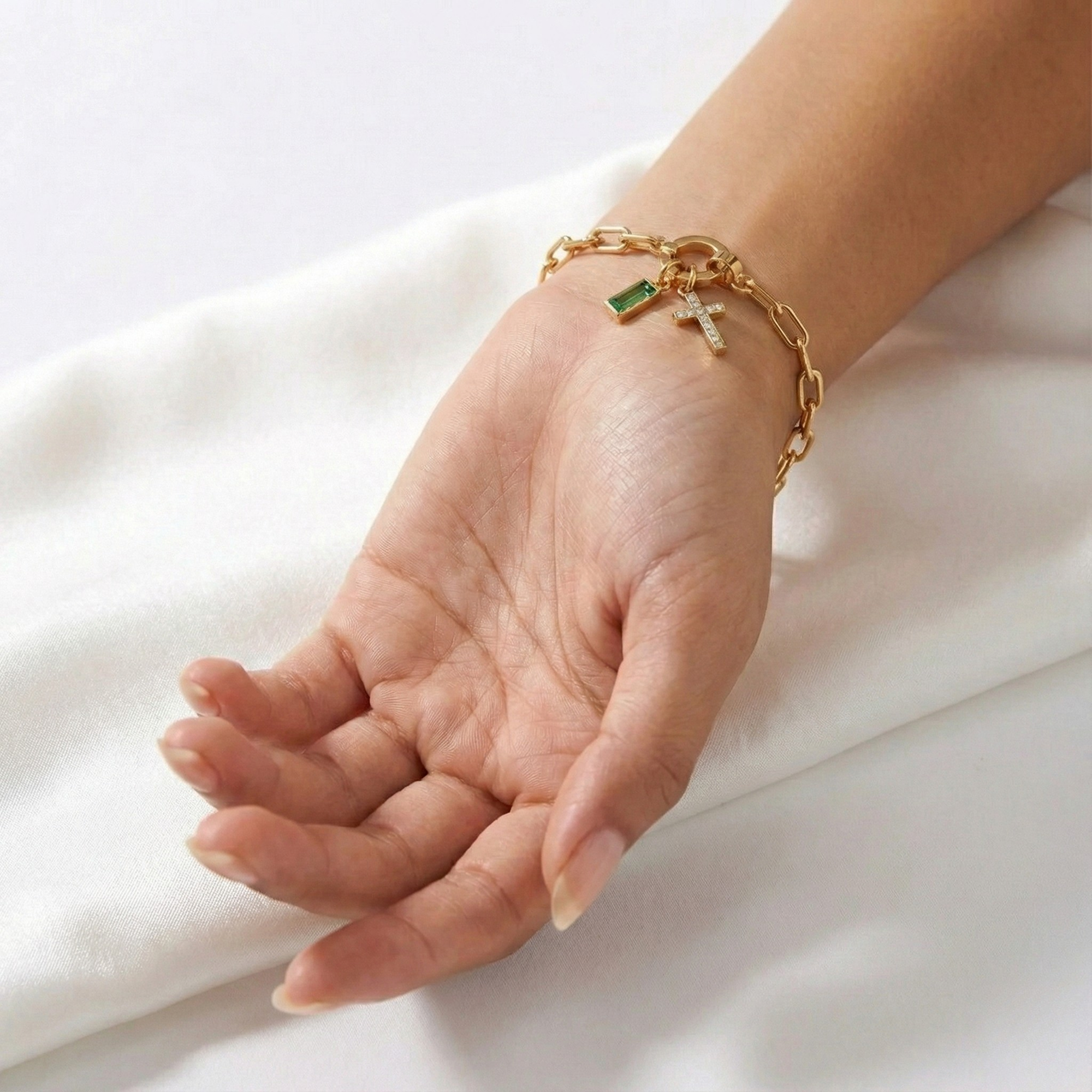 AX Paperclip Birthstone Cross Charm Bracelet