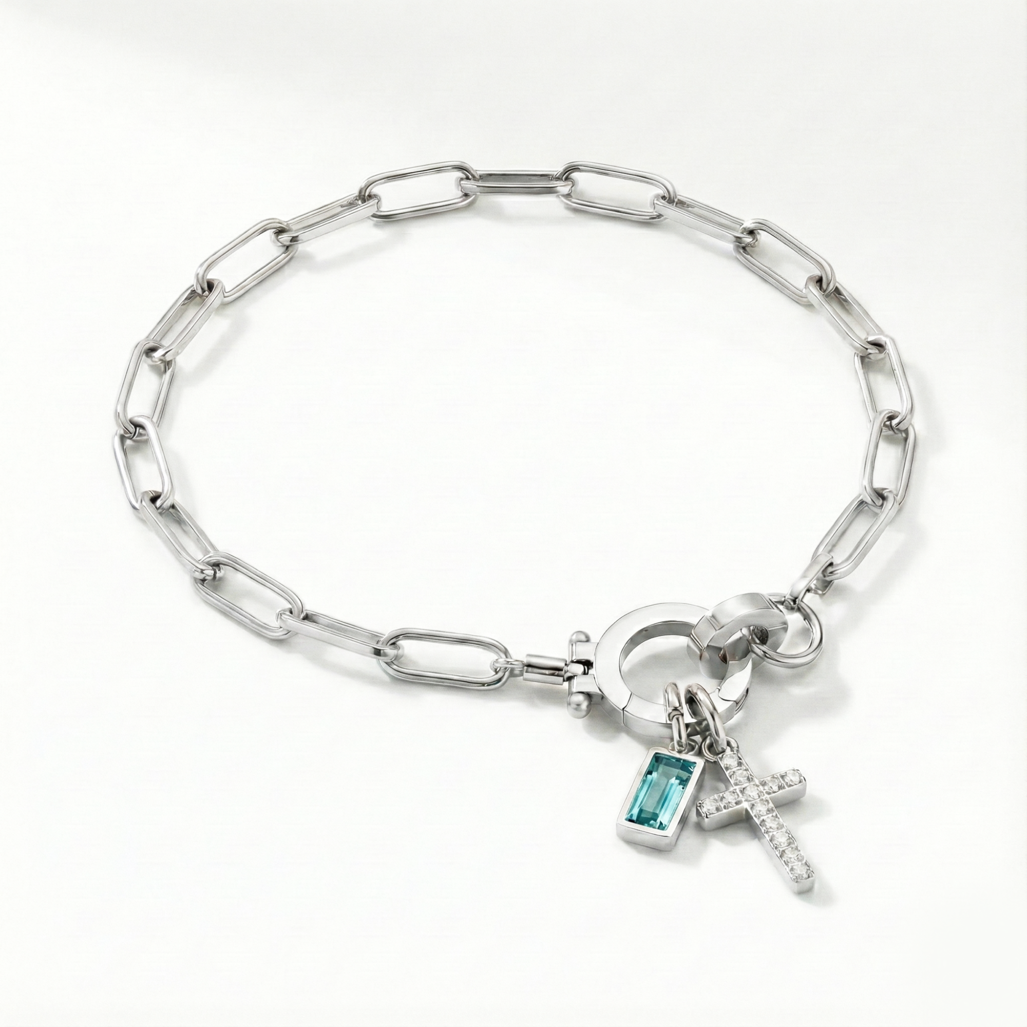 AX Paperclip Birthstone Cross Charm Bracelet