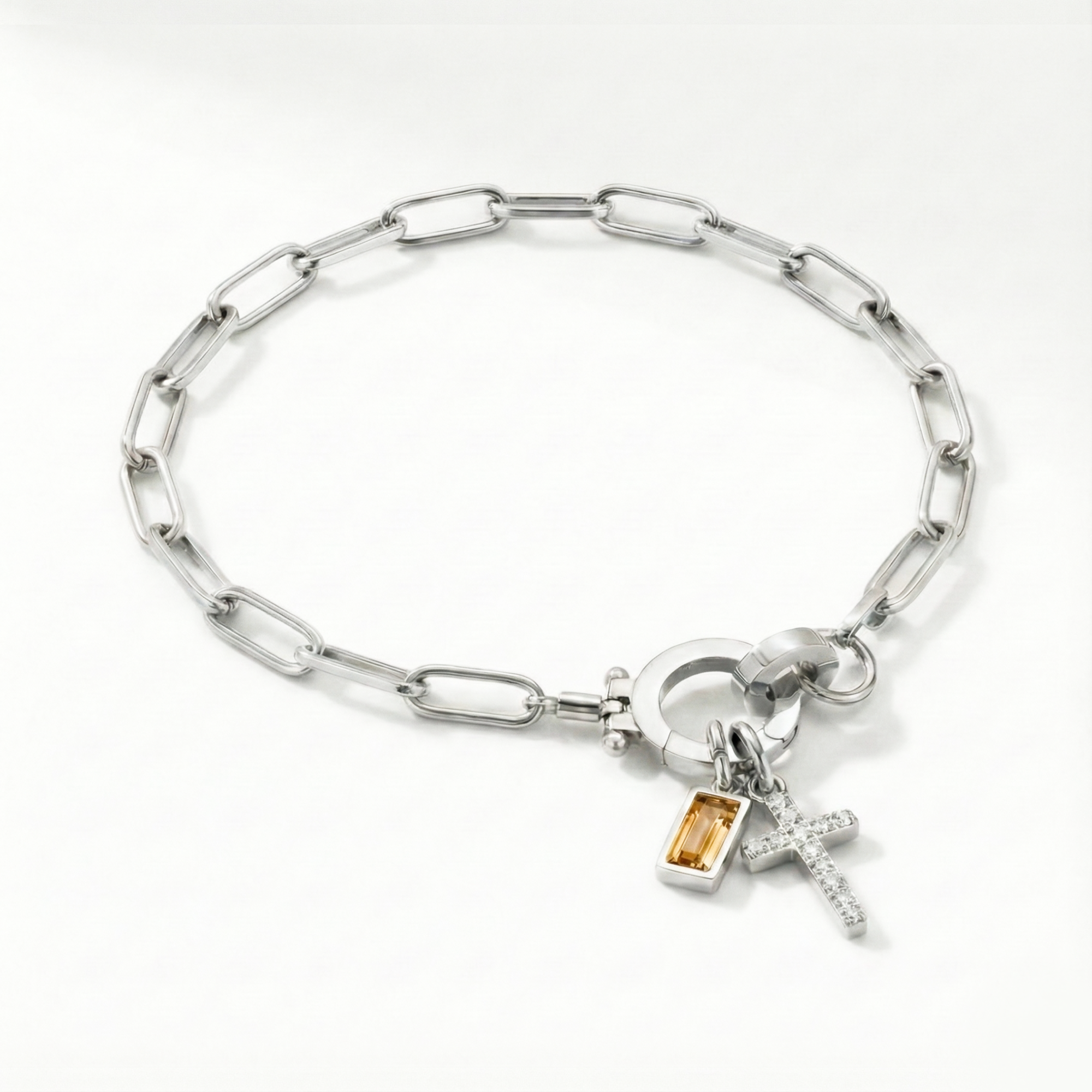 AX Paperclip Birthstone Cross Charm Bracelet