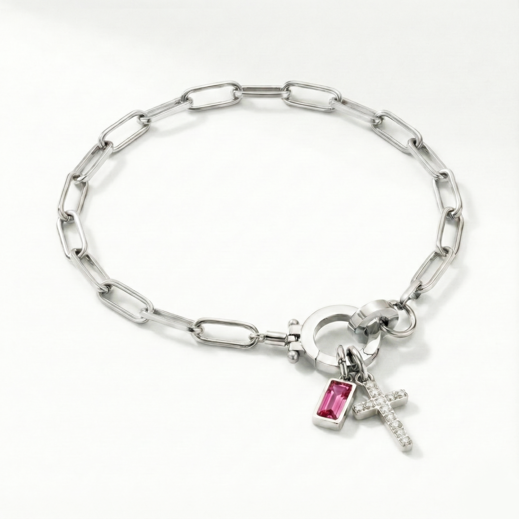 AX Paperclip Birthstone Cross Charm Bracelet